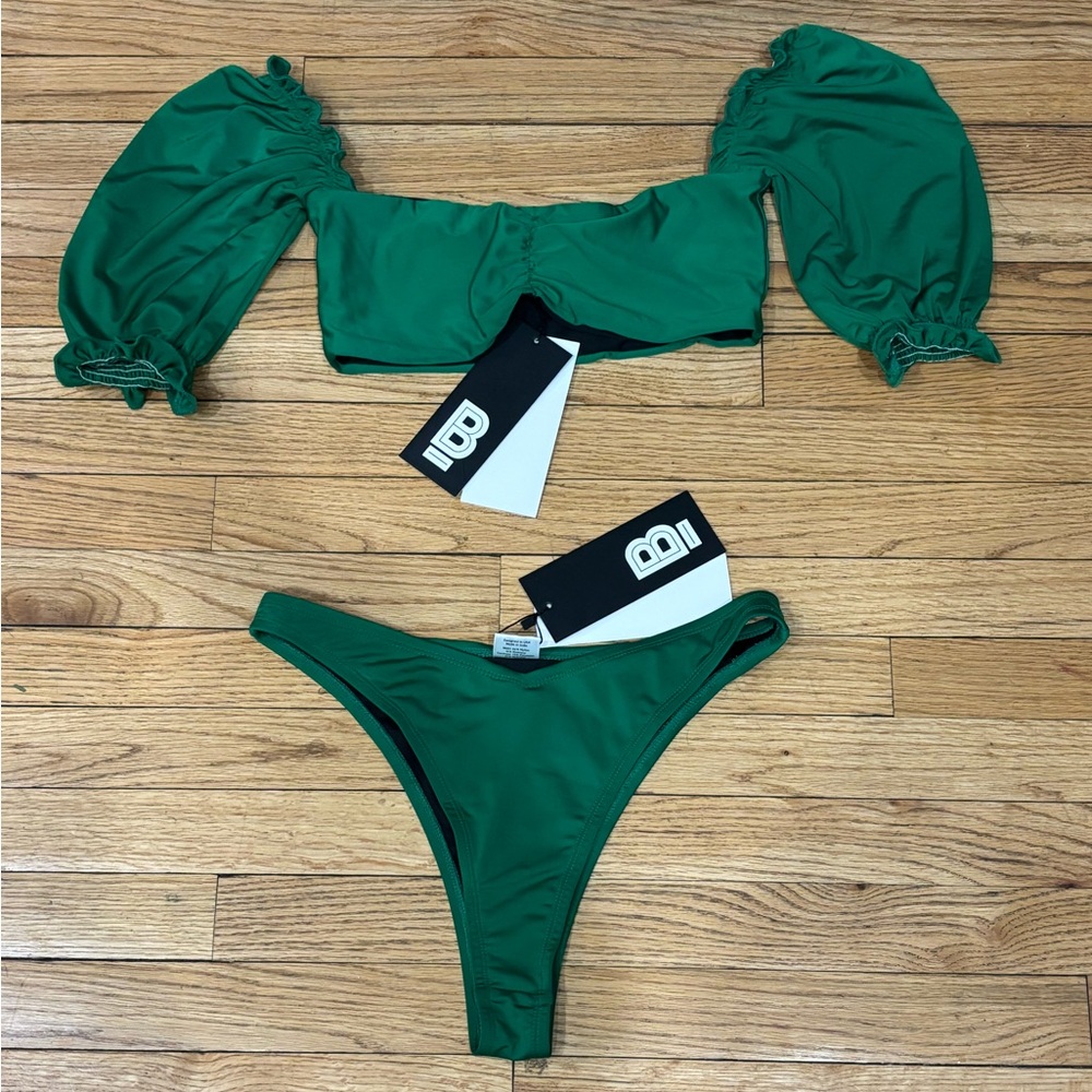 BFyne Emerald green peasant top cheeky bottom matching bikini set L NWT $253
